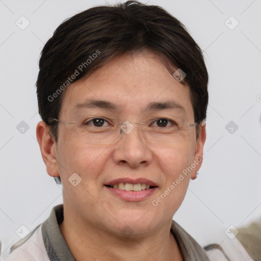 Joyful white adult female with short  brown hair and brown eyes