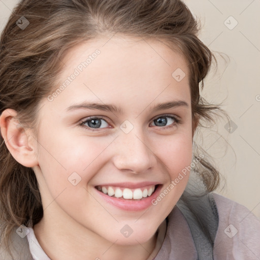 Joyful white child female with medium  brown hair and grey eyes