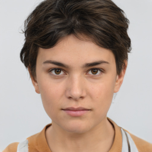 Neutral white young-adult female with short  brown hair and brown eyes