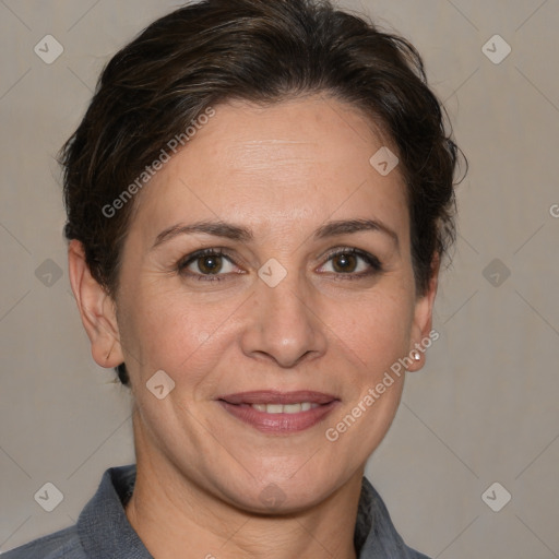 Joyful white adult female with short  brown hair and brown eyes