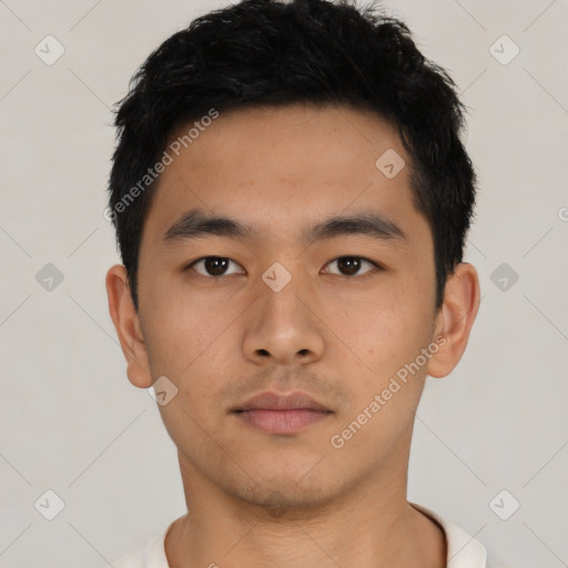 Neutral asian young-adult male with short  black hair and brown eyes