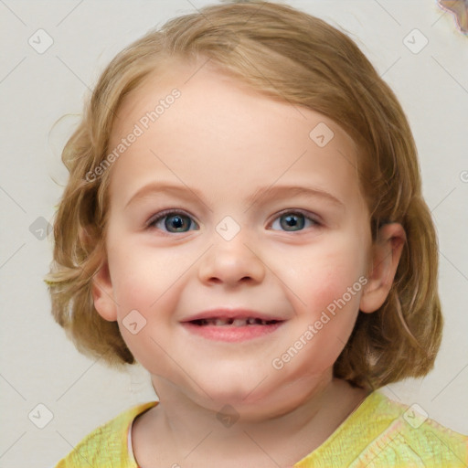 Joyful white child female with medium  brown hair and blue eyes