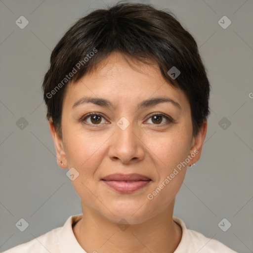 Joyful white young-adult female with short  brown hair and brown eyes