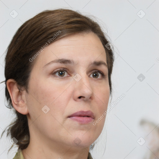 Neutral white young-adult female with medium  brown hair and brown eyes