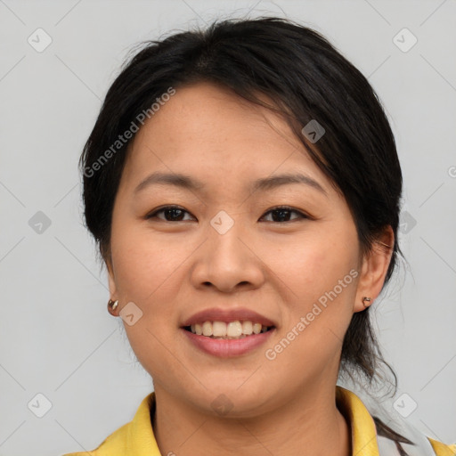 Joyful white young-adult female with medium  brown hair and brown eyes