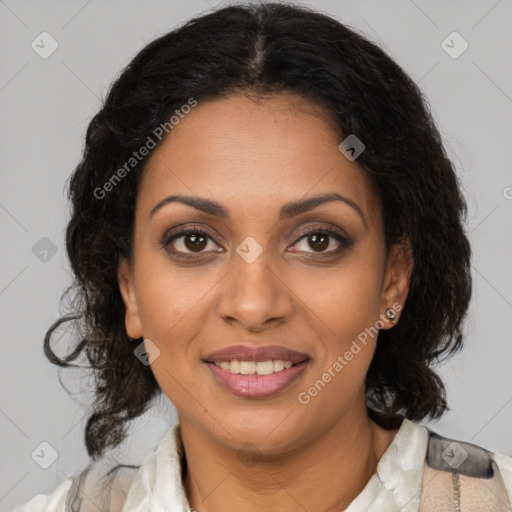 Joyful black young-adult female with medium  brown hair and brown eyes