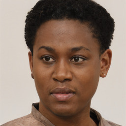 Neutral black young-adult female with short  black hair and brown eyes