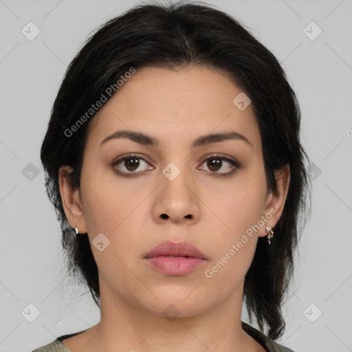 Neutral white young-adult female with medium  brown hair and brown eyes