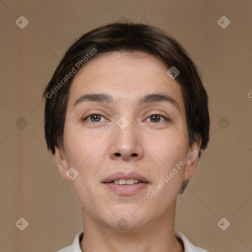 Joyful white young-adult female with short  brown hair and brown eyes