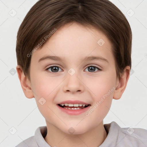 Joyful white child female with short  brown hair and brown eyes