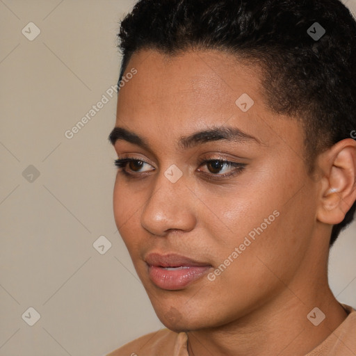 Joyful latino young-adult female with short  brown hair and brown eyes