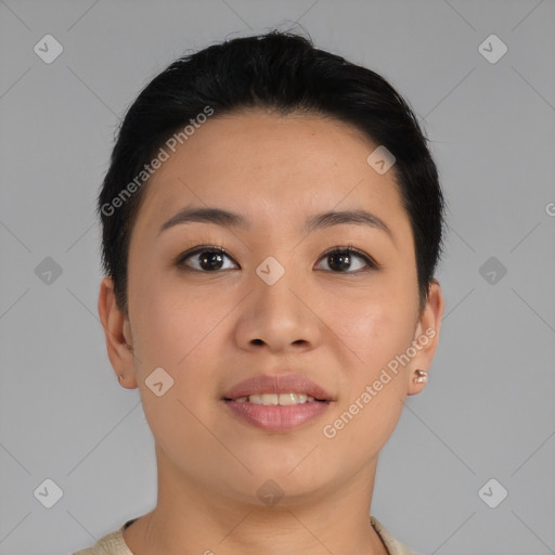 Joyful asian young-adult female with short  brown hair and brown eyes