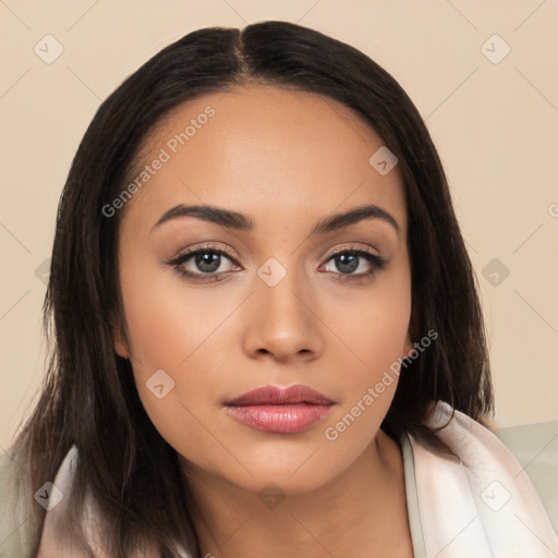 Neutral white young-adult female with long  brown hair and brown eyes