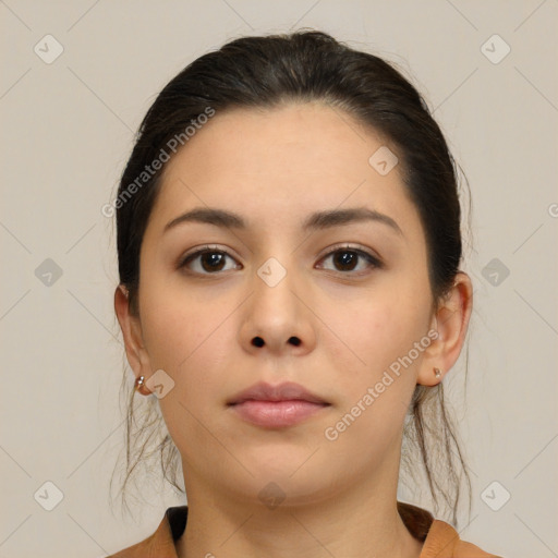 Neutral asian young-adult female with medium  brown hair and brown eyes