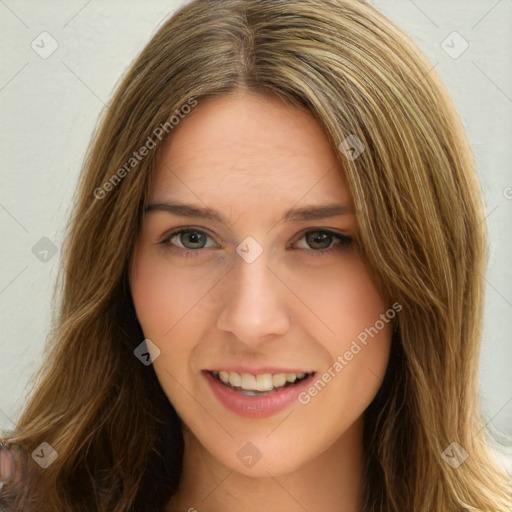 Joyful white young-adult female with long  brown hair and green eyes