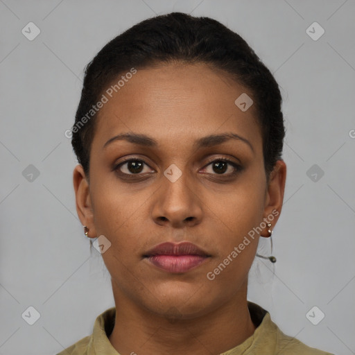 Neutral black young-adult female with short  brown hair and brown eyes