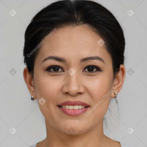 Joyful white young-adult female with medium  brown hair and brown eyes