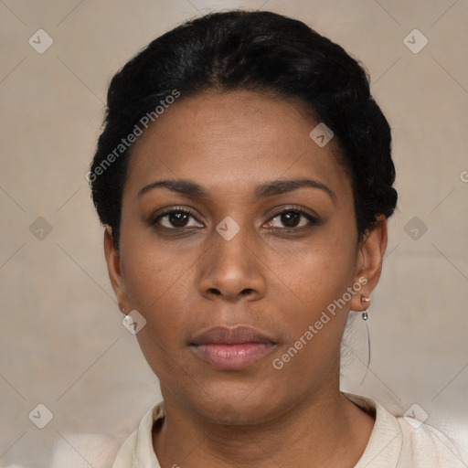 Neutral black young-adult female with short  black hair and brown eyes