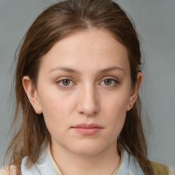 Neutral white young-adult female with medium  brown hair and grey eyes