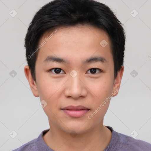 Neutral asian young-adult male with short  brown hair and brown eyes