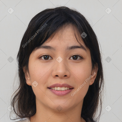 Joyful asian young-adult female with medium  brown hair and brown eyes