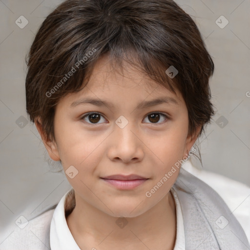 Joyful white child female with medium  brown hair and brown eyes