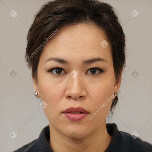 Neutral white young-adult female with medium  brown hair and brown eyes