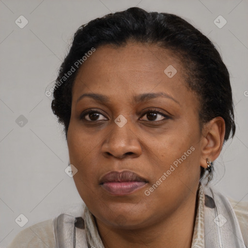 Joyful black adult female with short  brown hair and brown eyes