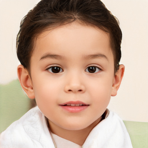 Joyful white child female with short  brown hair and brown eyes