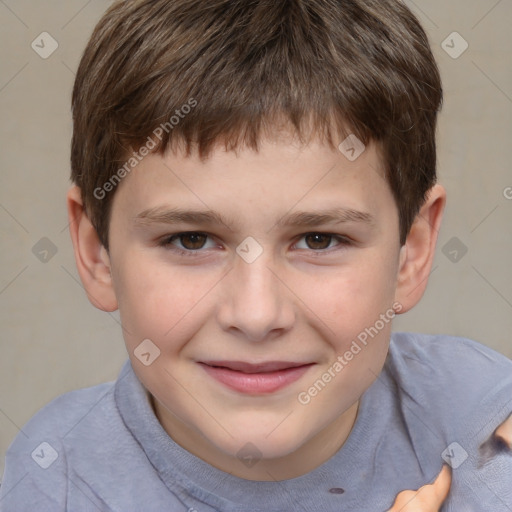 Joyful white child male with short  brown hair and brown eyes