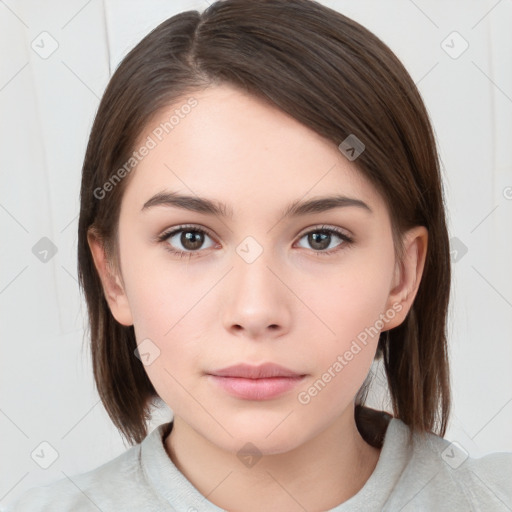 Neutral white young-adult female with medium  brown hair and brown eyes