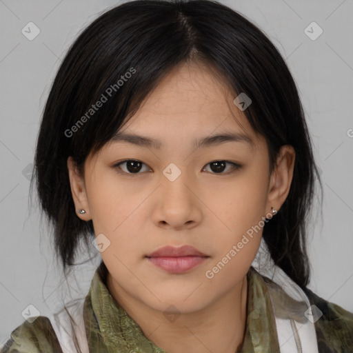 Neutral asian young-adult female with medium  black hair and brown eyes