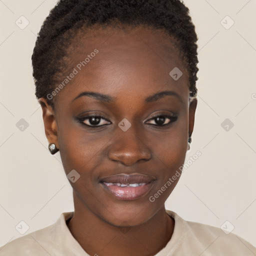 Joyful black young-adult female with short  black hair and brown eyes