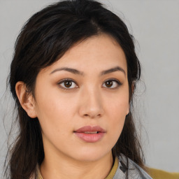 Neutral asian young-adult female with medium  brown hair and brown eyes