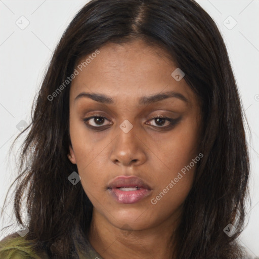 Neutral white young-adult female with long  brown hair and brown eyes