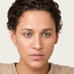 Neutral white young-adult female with short  brown hair and brown eyes