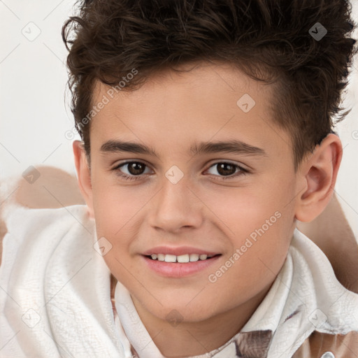 Joyful white child male with short  brown hair and brown eyes