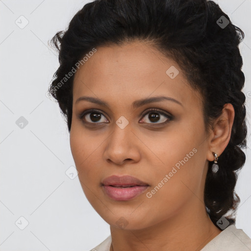 Joyful latino young-adult female with medium  brown hair and brown eyes