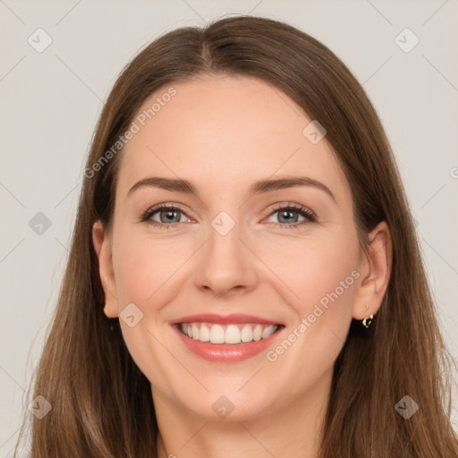 Joyful white young-adult female with long  brown hair and grey eyes