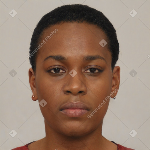 Neutral black young-adult female with short  black hair and brown eyes