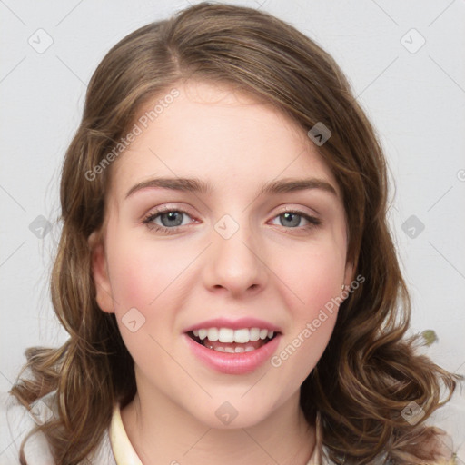 Joyful white young-adult female with medium  brown hair and green eyes