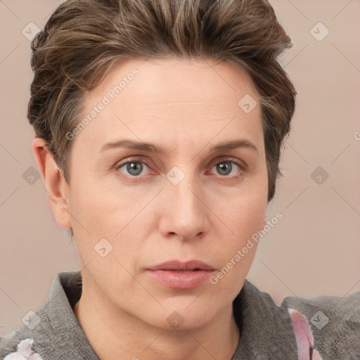 Neutral white young-adult female with short  brown hair and grey eyes