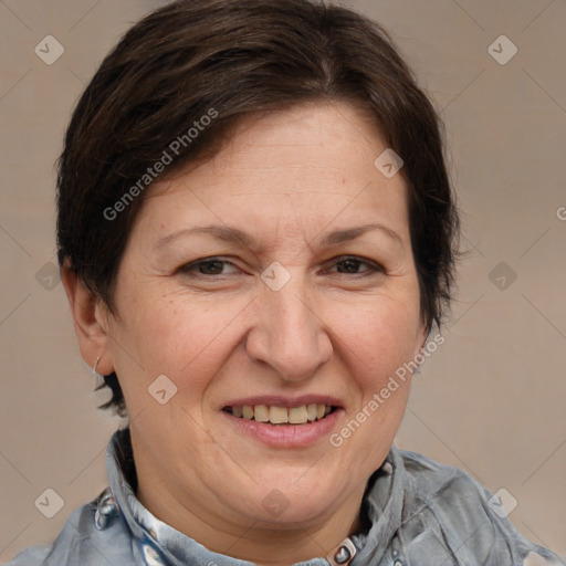 Joyful white adult female with medium  brown hair and brown eyes