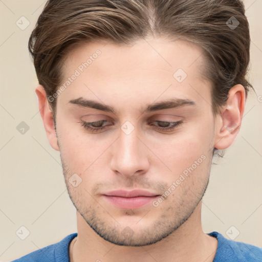 Neutral white young-adult male with short  brown hair and grey eyes