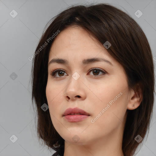 Neutral white young-adult female with medium  brown hair and brown eyes