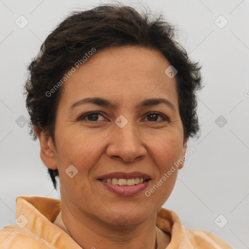 Joyful white adult female with short  brown hair and brown eyes