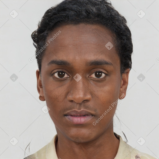 Neutral black young-adult male with short  black hair and brown eyes