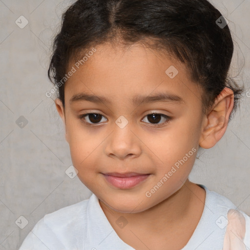 Joyful white child female with short  brown hair and brown eyes