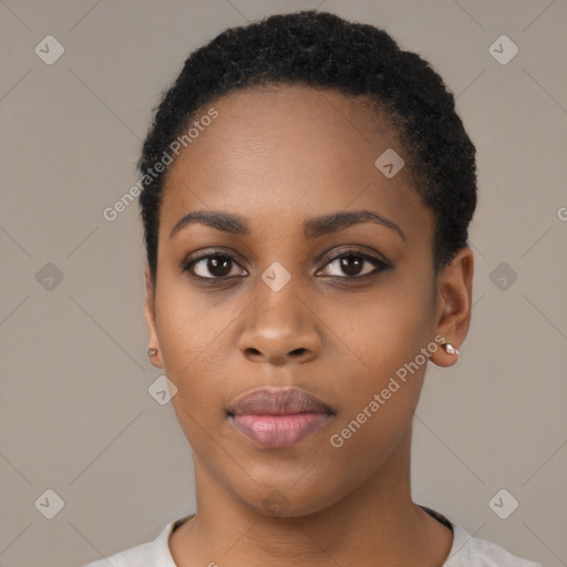 Neutral black young-adult female with short  black hair and brown eyes