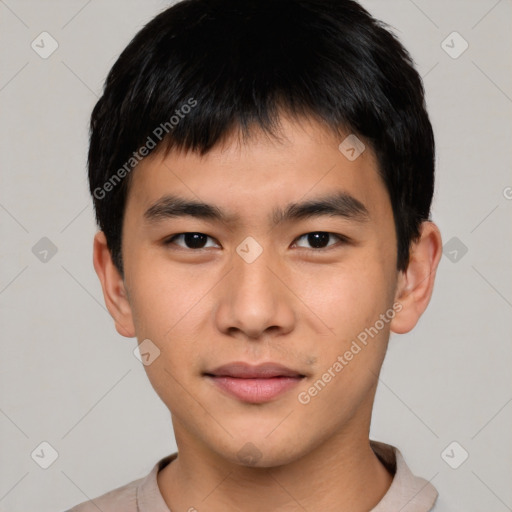 Neutral asian young-adult male with short  black hair and brown eyes